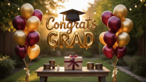 Elegant graduation balloon display with gold and maroon balloons in a warmly lit backyard, featuring a "CONGRATS GRAD" balloon and vintage decorations, creating a festive atmosphere with string lights and soft bokeh.