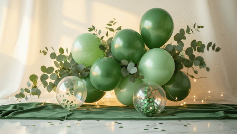 Cinematic close-up of an elegant green balloon arrangement featuring sage and eucalyptus, with confetti-filled clear balloons scattered on a vintage marble surface, illuminated by warm golden hour lighting.