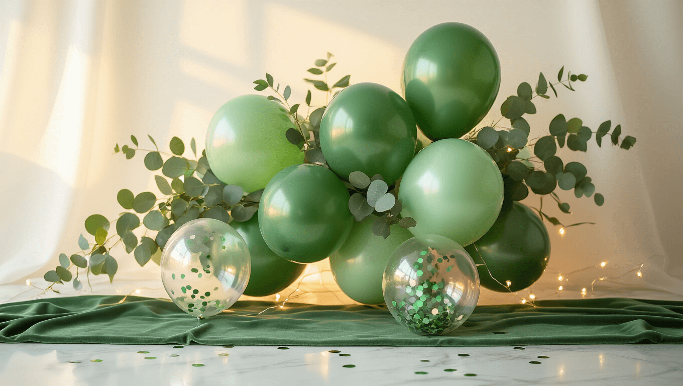 Cinematic close-up of an elegant green balloon arrangement featuring sage and eucalyptus, with confetti-filled clear balloons scattered on a vintage marble surface, illuminated by warm golden hour lighting.
