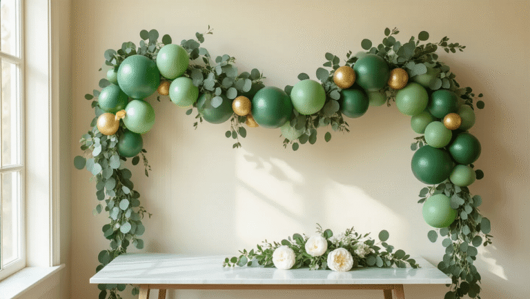 Cinematic wide-angle shot of an elegant green balloon garland with layered sage green, emerald, and eucalyptus balloons, interwoven with fresh eucalyptus sprigs and gold accents, set against a cream wall, with soft afternoon light illuminating delicate white peonies and gold ribbon on a marble table below.