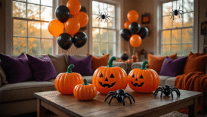 Cinematic wide-angle shot of a cozy living room decorated for Halloween, featuring handcrafted balloon pumpkins and spiders, warm golden hour lighting, and rich textures from cushions and throws in a festive ambiance.