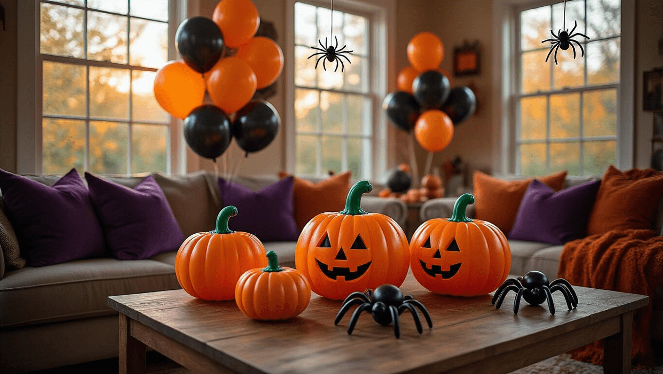 Cinematic wide-angle shot of a cozy living room decorated for Halloween, featuring handcrafted balloon pumpkins and spiders, warm golden hour lighting, and rich textures from cushions and throws in a festive ambiance.