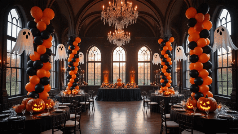 Elegant Halloween ballroom with black and orange balloon columns, gothic windows, cascading garlands, pumpkin centerpieces, flickering candles, and warm golden hour light, creating a luxurious yet spooky atmosphere.