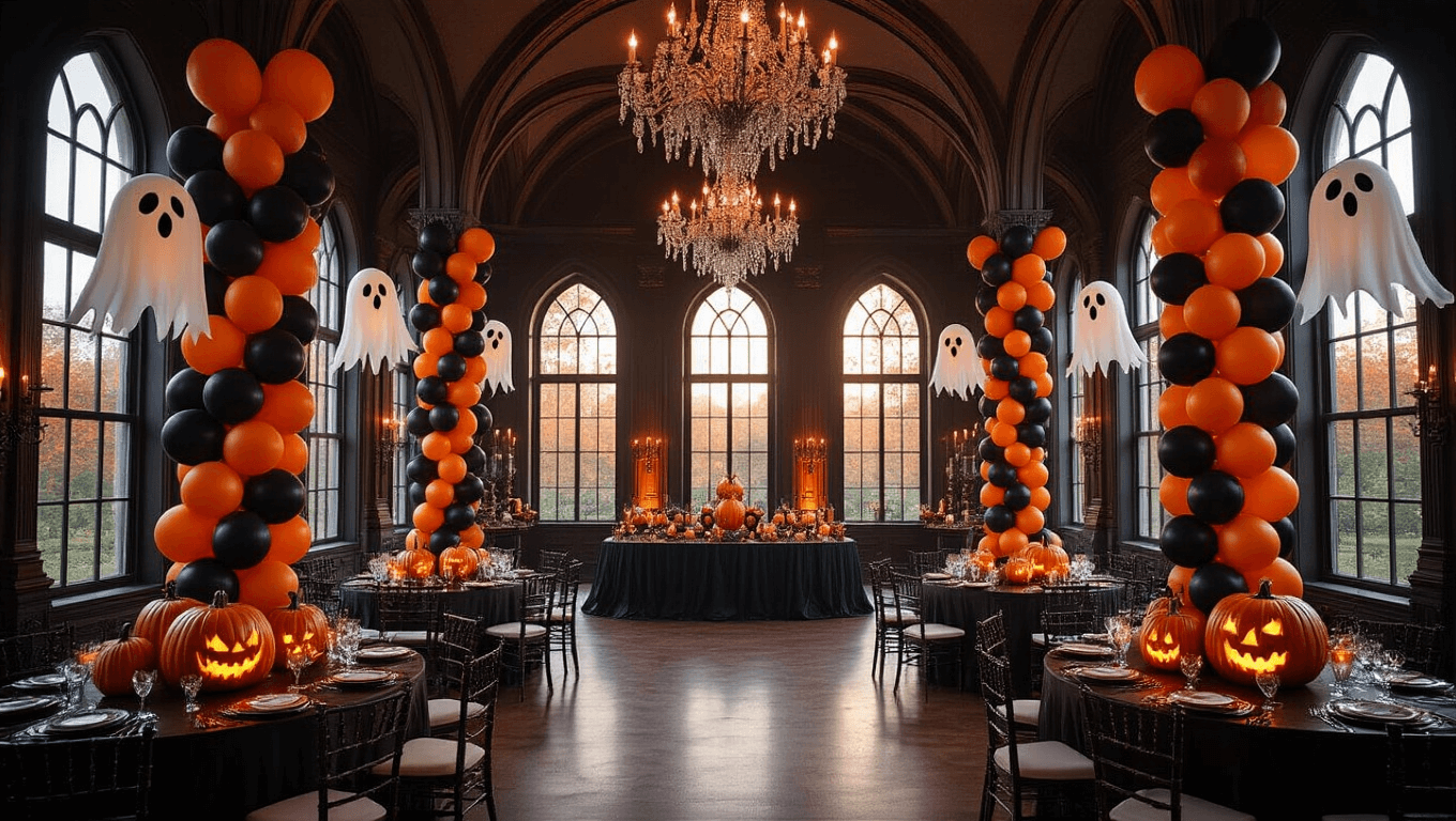 Elegant Halloween ballroom with black and orange balloon columns, gothic windows, cascading garlands, pumpkin centerpieces, flickering candles, and warm golden hour light, creating a luxurious yet spooky atmosphere.