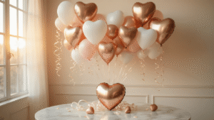 Cinematic wide shot of a romantic heart balloon arrangement in rose gold and white, with soft golden hour lighting, an organic balloon garland on a cream wall, and a marble table adorned with smaller hearts, creating an elegant, inviting atmosphere.