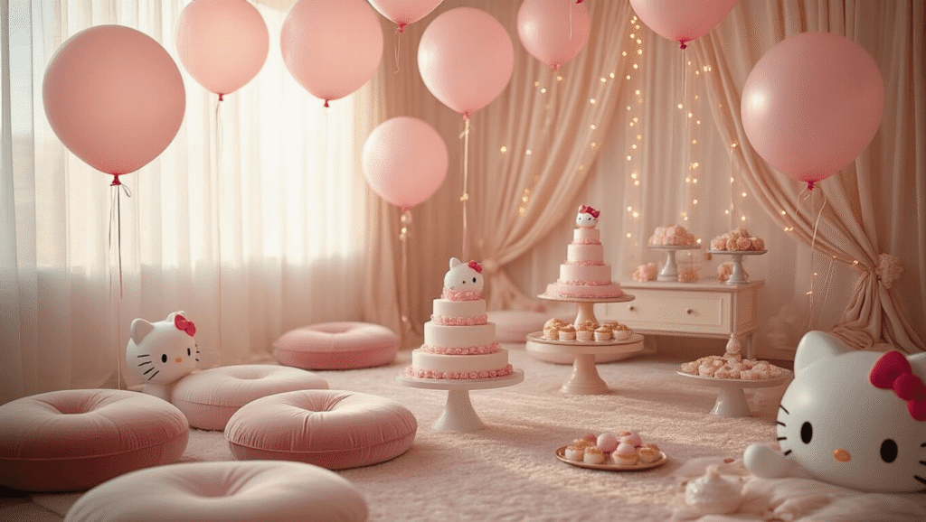 A dreamy kawaii living room filled with oversized Hello Kitty balloons, plush pink cushions, and tiered cake displays, all illuminated by warm golden hour sunlight and shimmering fairy lights for a whimsical party atmosphere.