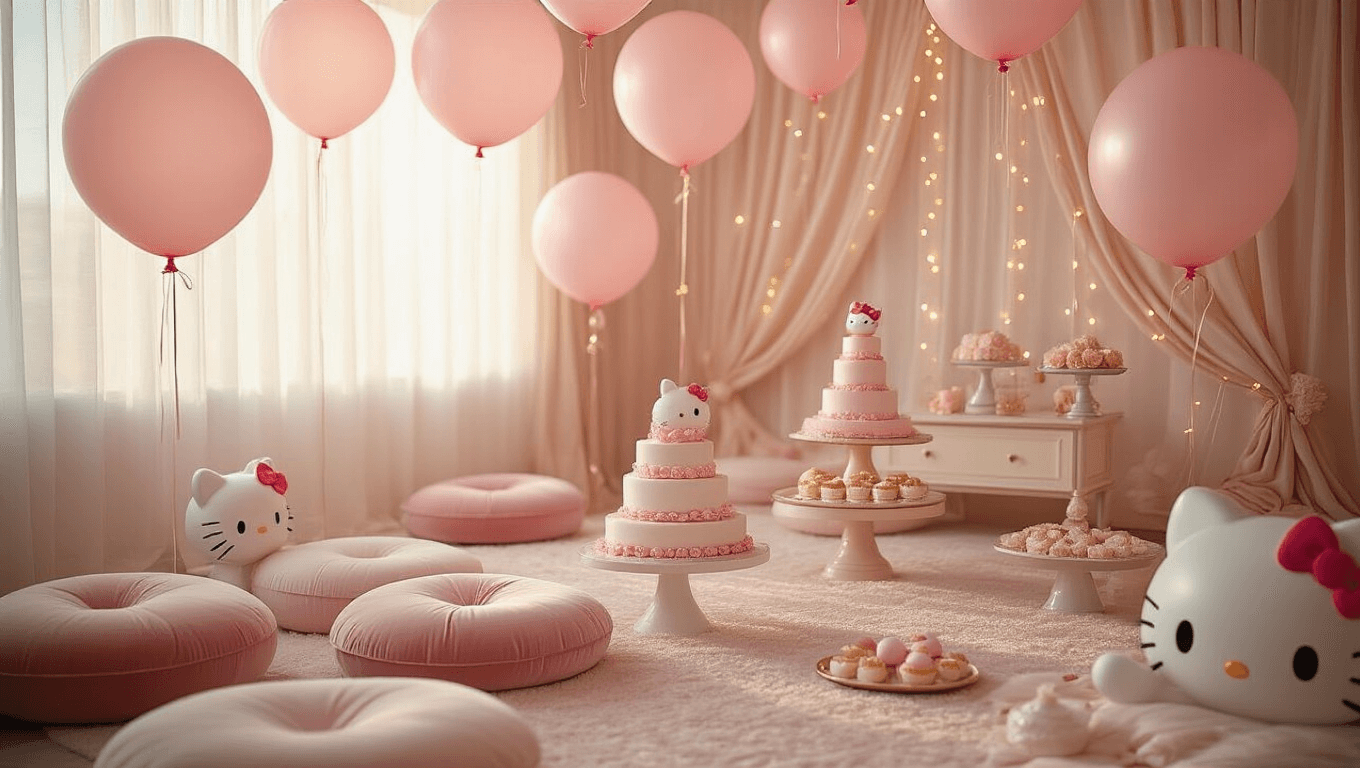 A dreamy kawaii living room filled with oversized Hello Kitty balloons, plush pink cushions, and tiered cake displays, all illuminated by warm golden hour sunlight and shimmering fairy lights for a whimsical party atmosphere.
