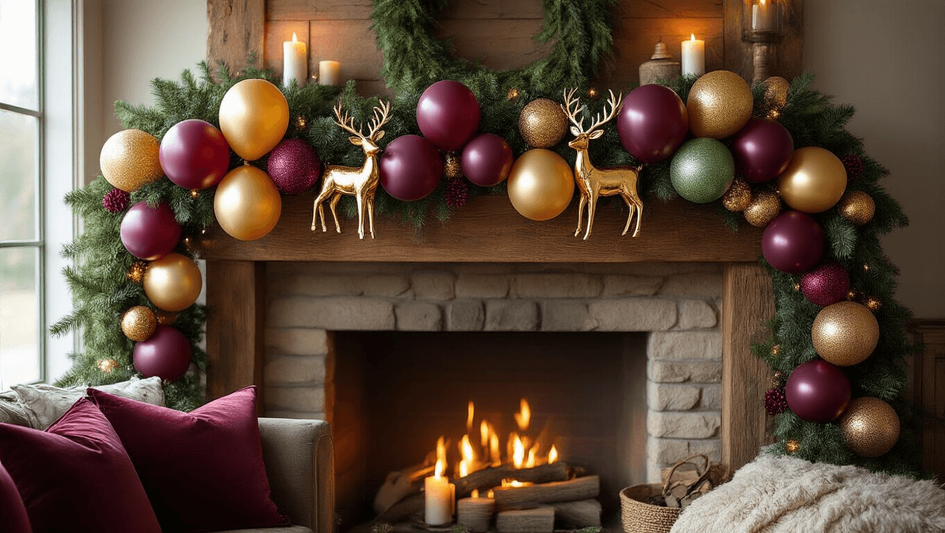 Cinematic overhead shot of a holiday balloon garland in burgundy, sage green, and gold draped over a rustic wooden mantel, illuminated by warm candlelight and featuring plush velvet cushions below.