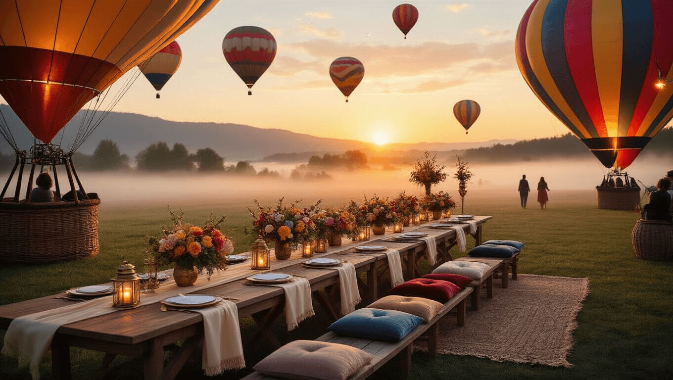 Cinematic golden hour scene at a hot air balloon festival, featuring rustic tables with floral arrangements, guests on cushions, and colorful balloons against an amber sky, evoking a magical atmosphere.