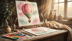 Cinematic close-up of an elegant art studio table with hot air balloon watercolor paintings, vibrant paint palettes, fine-tip brushes, scattered oil pastels, papier-mâché sculptures, and a cream silk backdrop, all bathed in warm golden hour lighting.