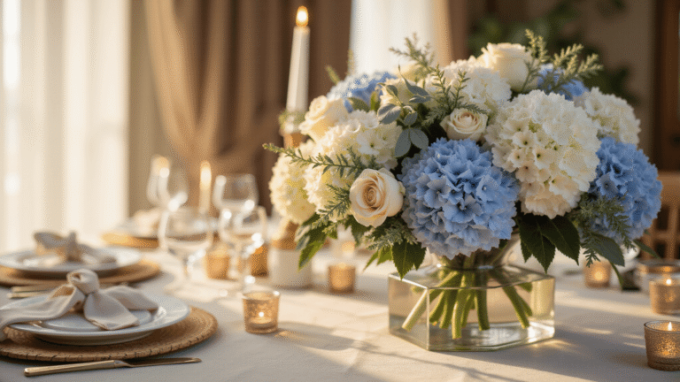 Cinematic close-up of an elegant wedding centerpiece with white and blue hydrangeas, eucalyptus, and ivory roses in a geometric glass vase on an ivory silk tablecloth, adorned with mercury glass votive candles and fine china, bathed in warm golden hour light and surrounded by soft-focus crystal glassware and fairy lights.