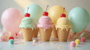 Ice Cream Balloons: The Sweetest Party Decoration You Can Actually Pull Off Cinematic close-up of pastel ice cream balloon decorations in waffle cones on a marble surface, with pom-pom cherries, tissue paper sprinkles, and crepe paper streamers, bathed in warm golden hour light.