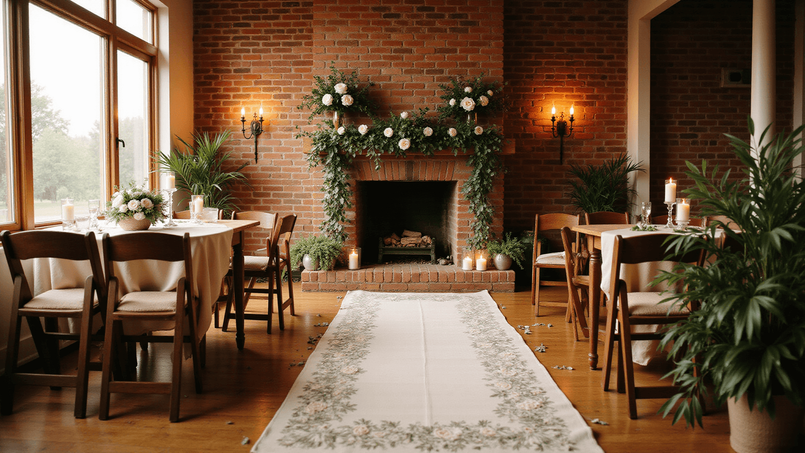 Cinematic wide-angle shot of a cozy living room wedding ceremony with warm golden hour light, exposed brick wall adorned with eucalyptus and white roses, vintage table runner defining the aisle, ambient candles, and inviting decor elements.