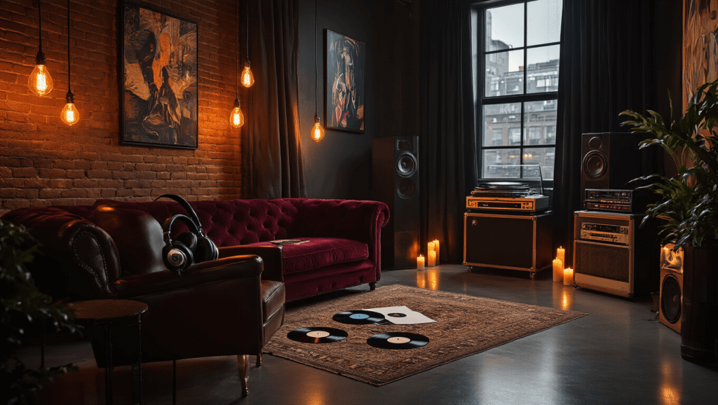Cinematic wide shot of a dimly lit urban music sanctuary featuring vintage equipment, plush burgundy seating, and warm amber lighting, creating an intimate atmosphere perfect for late-night alternative R&B listening.
