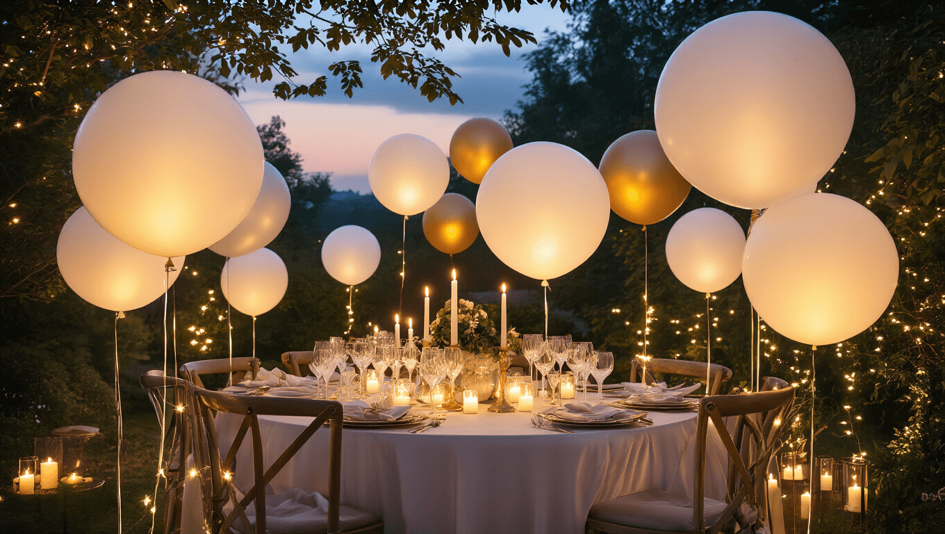 Cinematic wide-angle view of an enchanting garden party decorated with glowing LED balloons in soft white and warm gold, featuring an elegant table setup, fairy lights in trees, and a romantic candlelit atmosphere against lush greenery.