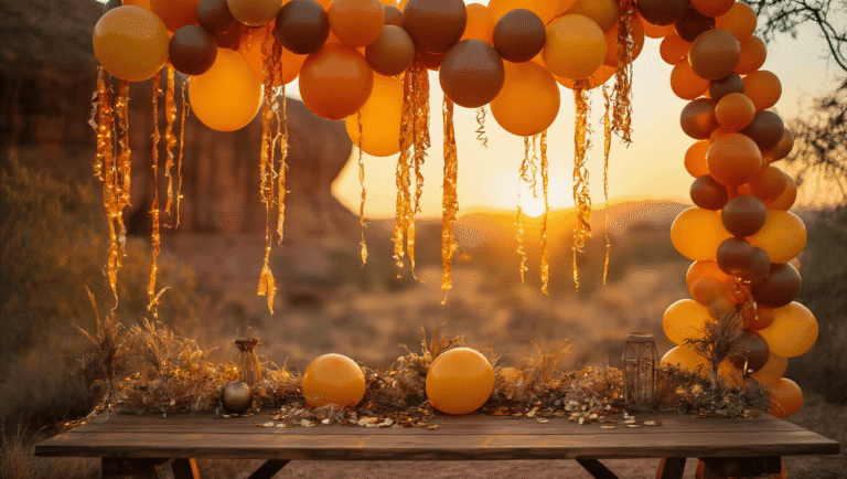 Cinematic close-up of a Lion King themed party setup with cascading balloon garland in sunset colors, shimmering Simba mylar balloons, warm side lighting casting shadows on a rustic table, fairy lights creating a bokeh effect, and rich textures of deflated balloons, evoking the golden hour atmosphere of Pride Rock.