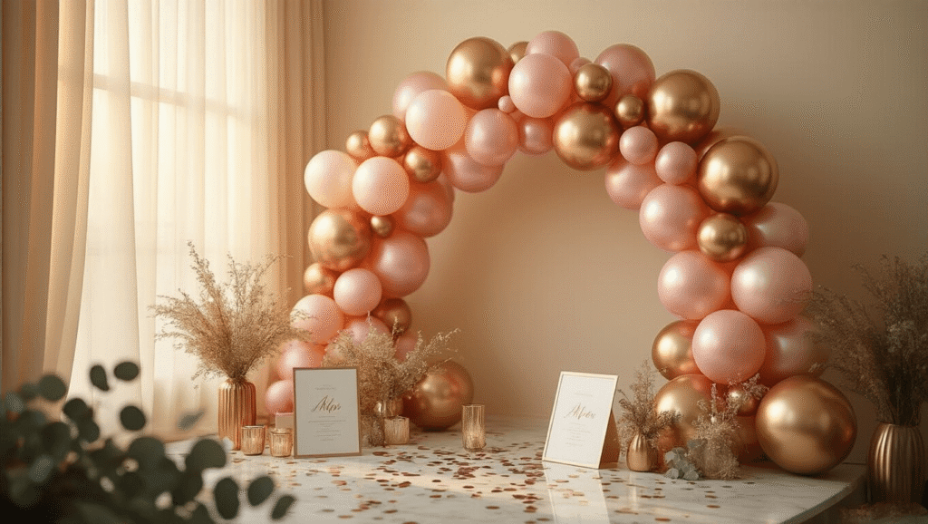 Cinematic wide-angle shot of a luxurious balloon backdrop in gold, rose gold, and blush pink against a cream wall, with warm golden hour lighting, rich velvet foreground textures, scattered confetti, and inviting design materials on a marble surface.