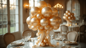 Luxurious balloon bouquet centerpiece on a marble table, featuring gold foil and pearlized latex balloons in a tiered arrangement, accentuated by cascading satin ribbons and warm golden hour lighting, with crystal glassware and silk linens in the background.