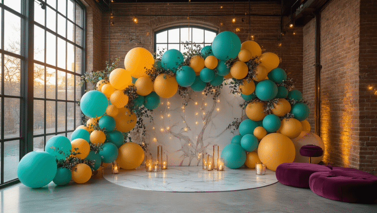 Cinematic overhead view of a luxurious balloon installation with cascading teal and mustard yellow biodegradable balloons, organic clusters of woven eucalyptus and roses, LED backlighting, and a warm candlelit ambiance against marble and exposed brick backgrounds.