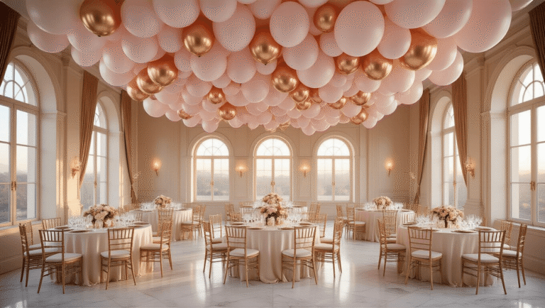 Cinematic wide-angle view of an elegant ballroom adorned with blush pink and rose gold balloon ceiling, featuring round tables with silk ivory linens and gold chiavari chairs under a dreamy balloon canopy, illuminated by warm golden hour light and soft LED glows.