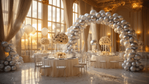 Cinematic wide-angle shot of an elegant ballroom decorated with ivory silk tables, silver charger plates, and cascading silver foil balloon centerpieces, featuring disco ball balloons and a dramatic ombre balloon arch, all illuminated by warm amber light.