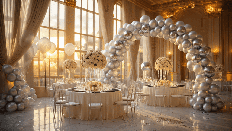 Cinematic wide-angle shot of an elegant ballroom decorated with ivory silk tables, silver charger plates, and cascading silver foil balloon centerpieces, featuring disco ball balloons and a dramatic ombre balloon arch, all illuminated by warm amber light.