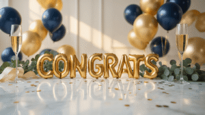 Cinematic close-up of a luxurious congratulations balloon arrangement featuring gold and navy foil balloons with "CONGRATS" lettering, silk ribbon cascades, and eucalyptus sprigs on a white marble surface, accented by champagne flutes and confetti, all bathed in warm golden hour lighting.
