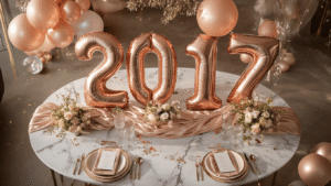 Cinematic overhead view of a luxurious party setup with rose gold and silver foil balloons, blush latex garlands, marble tables, crystal glassware, and soft ambient lighting, creating an elegant and celebratory atmosphere.