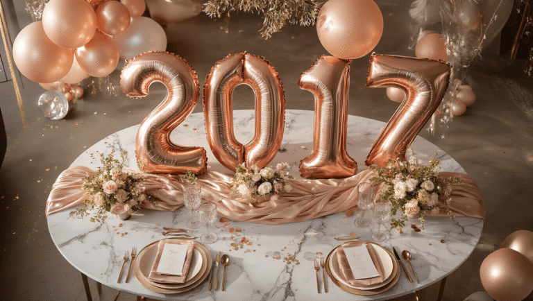Cinematic overhead view of a luxurious party setup with rose gold and silver foil balloons, blush latex garlands, marble tables, crystal glassware, and soft ambient lighting, creating an elegant and celebratory atmosphere.