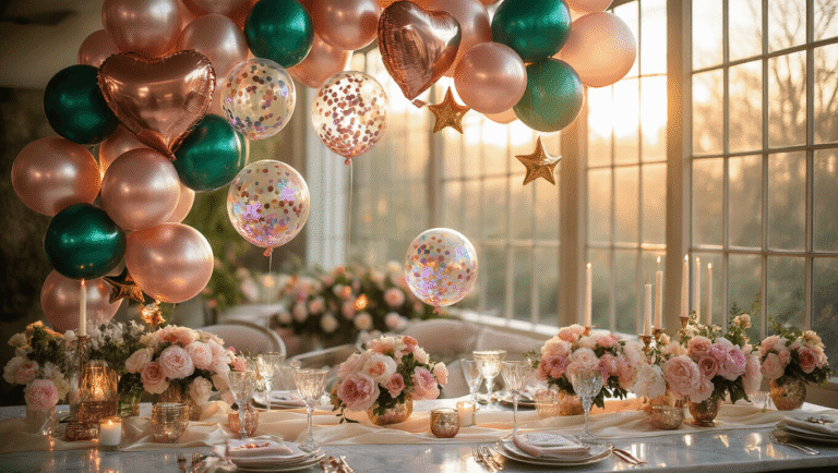 Cinematic overhead shot of an elegant party balloon arrangement with metallic mylar heart and star balloons, iridescent bubble balloons, and reflective orbz spheres above marble surfaces, illuminated by warm golden hour light, showcasing rich jewel tones against ivory silk and crystal glassware in a softly focused background setting.