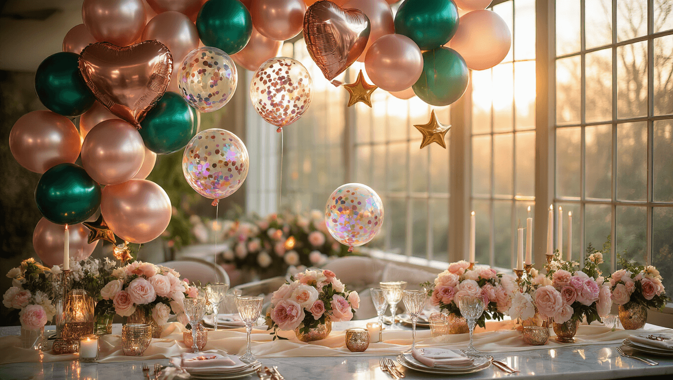 Cinematic overhead shot of an elegant party balloon arrangement with metallic mylar heart and star balloons, iridescent bubble balloons, and reflective orbz spheres above marble surfaces, illuminated by warm golden hour light, showcasing rich jewel tones against ivory silk and crystal glassware in a softly focused background setting.