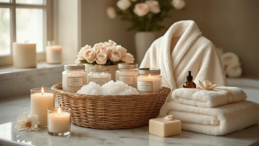 Luxurious spa-themed gift basket on a polished marble countertop, featuring crystalline bath salts, an ivory silk robe, hand-carved soap flower bouquets, amber candles, fluffy cream towels, and ornate lavender bath oil bottles, captured in soft-focus with warm natural light filtering through frosted glass.