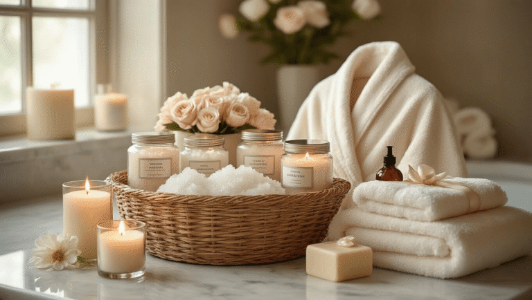 Luxurious spa-themed gift basket on a polished marble countertop, featuring crystalline bath salts, an ivory silk robe, hand-carved soap flower bouquets, amber candles, fluffy cream towels, and ornate lavender bath oil bottles, captured in soft-focus with warm natural light filtering through frosted glass.