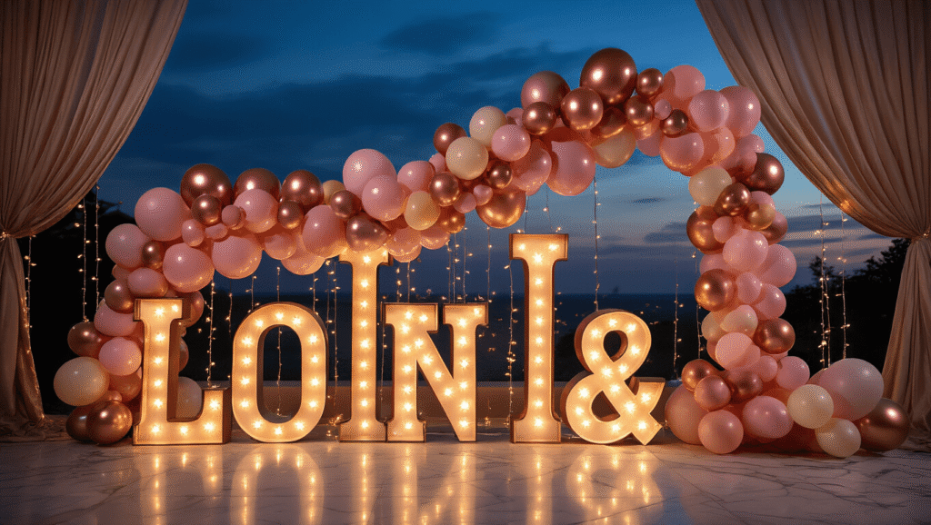Cinematic shot of 3-foot tall illuminated marquee letters adorned with cascading blush pink and rose gold balloon garlands, set against a deep navy evening sky, with fairy lights twinkling amidst the luxurious party setup featuring silk draping and crystal accents.