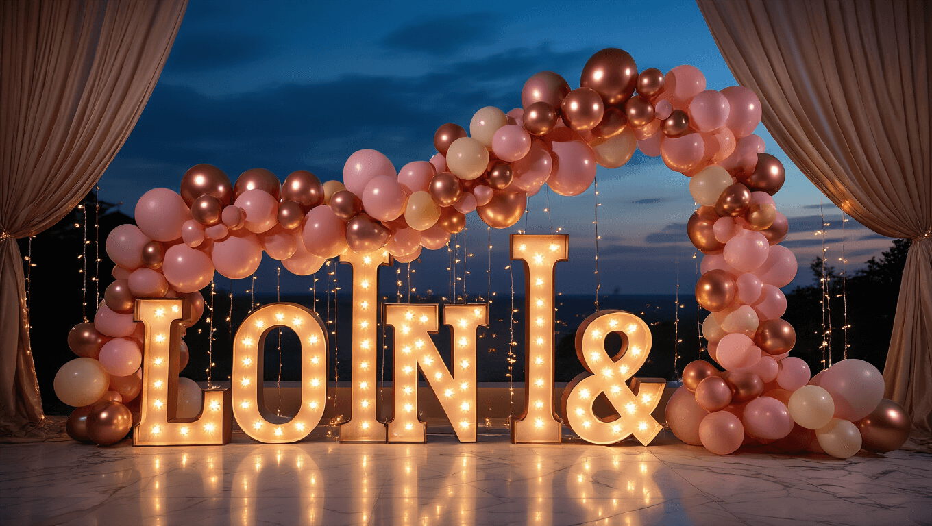Cinematic shot of 3-foot tall illuminated marquee letters adorned with cascading blush pink and rose gold balloon garlands, set against a deep navy evening sky, with fairy lights twinkling amidst the luxurious party setup featuring silk draping and crystal accents.