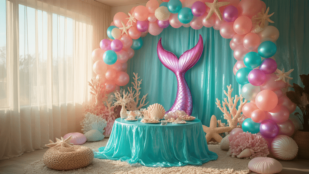 Cinematic wide shot of a vibrant mermaid-themed party setup featuring iridescent balloons, coral arrangements, and a dreamy underwater atmosphere with soft natural light.