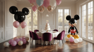Elegant living room transformed for a Mickey Mouse birthday party, featuring black foil Mickey head balloons, pastel mouse-shaped balloons on hardwood floors, a beautifully set dining table with a tiered birthday cake centerpiece, jewel-toned velvet chairs, and warm golden hour lighting creating a magical atmosphere with fairy lights and flickering candles.