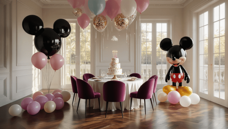 Elegant living room transformed for a Mickey Mouse birthday party, featuring black foil Mickey head balloons, pastel mouse-shaped balloons on hardwood floors, a beautifully set dining table with a tiered birthday cake centerpiece, jewel-toned velvet chairs, and warm golden hour lighting creating a magical atmosphere with fairy lights and flickering candles.