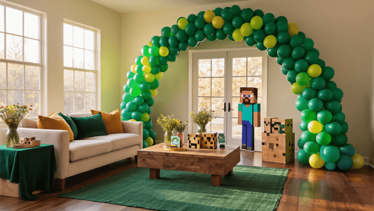 A vibrant Minecraft-themed birthday party in a modern living room, featuring an emerald and sapphire balloon arch, pixelated decorations, warm sunlight, and cozy ambiance with rich wooden floors and floral arrangements.