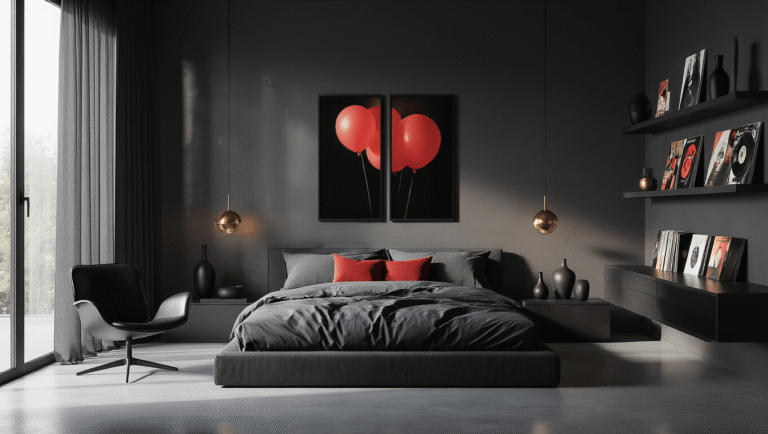 A minimalist modern bedroom featuring House of Balloons artwork in black frames on charcoal walls, with soft morning light, a low platform bed with charcoal linen and deep red pillows, polished concrete floors, a black leather chair, vinyl collection on floating shelves, and atmospheric lighting creating dramatic shadows.