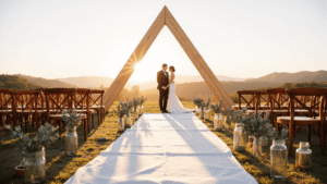 A minimalist wedding ceremony featuring a geometric wooden arch at golden hour, surrounded by eucalyptus-lined aisles and softly illuminated by warm sunlight.