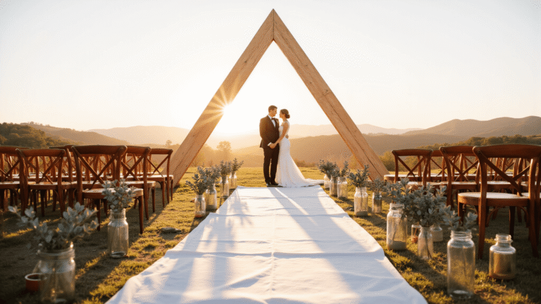 A minimalist wedding ceremony featuring a geometric wooden arch at golden hour, surrounded by eucalyptus-lined aisles and softly illuminated by warm sunlight.