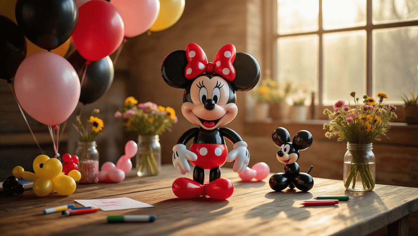 Close-up of hands twisting black and red 260 balloons into a Minnie Mouse shape on a rustic oak table, surrounded by uninflated balloons, colorful markers, completed balloon animals, and mason jars with wildflowers, illuminated by warm golden hour light.