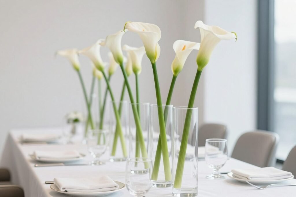 modern single stem wedding centerpieces in glass bud vases