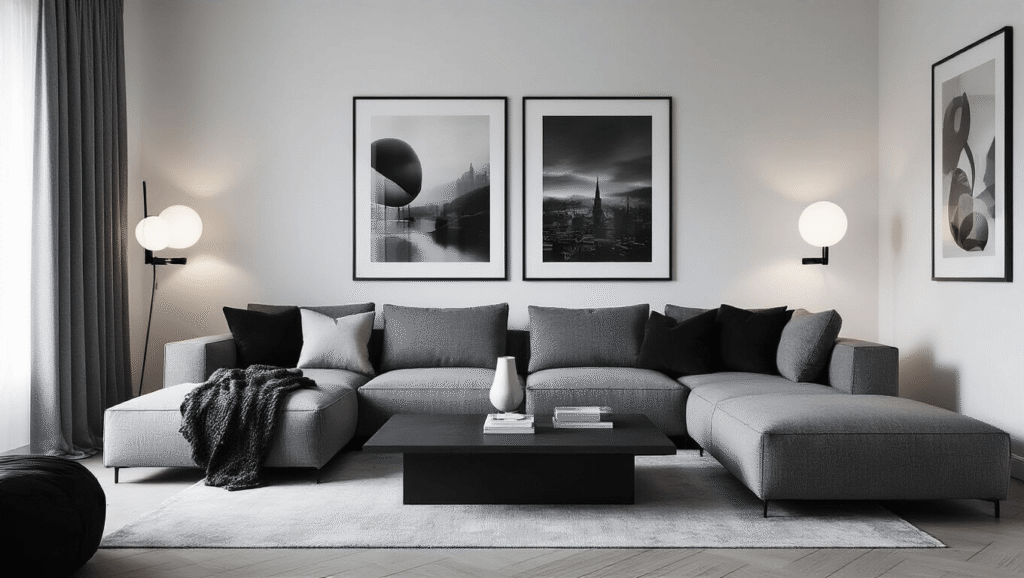 Cinematic wide-angle view of a moody monochrome living room with a gray sectional sofa, layered textiles, a matte coffee table, black-and-white photography, diffused lighting, sheer curtains, brushed steel accents, bold typography art, and a minimalist aesthetic, showcasing soft shadows and a pewter color palette.