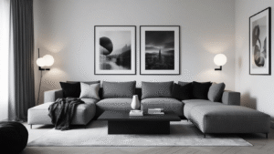 Cinematic wide-angle view of a moody monochrome living room with a gray sectional sofa, layered textiles, a matte coffee table, black-and-white photography, diffused lighting, sheer curtains, brushed steel accents, bold typography art, and a minimalist aesthetic, showcasing soft shadows and a pewter color palette.