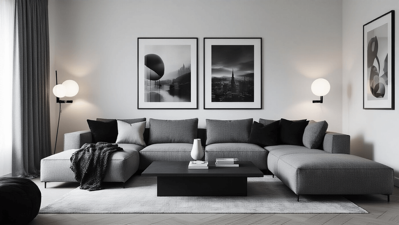 Cinematic wide-angle view of a moody monochrome living room with a gray sectional sofa, layered textiles, a matte coffee table, black-and-white photography, diffused lighting, sheer curtains, brushed steel accents, bold typography art, and a minimalist aesthetic, showcasing soft shadows and a pewter color palette.