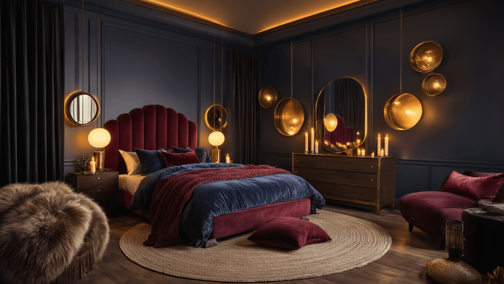 Cinematic wide-angle shot of a moody bedroom sanctuary with a navy accent wall, burgundy velvet headboard, and warm amber lighting, featuring layered textures, flickering candles, and an intimate atmosphere.