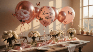Mother's Day Balloons: Everything You Need to Know to Make Mom Feel Special Cinematic Mother's Day celebration featuring elegant blush pink and rose gold balloons, delicate peony prints, and "Love You Mom" lettering, illuminated by warm golden hour sunlight, with crystal vases of white roses and rustic wooden table accents.