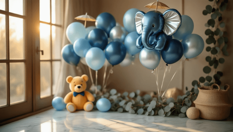 Cinematic close-up of a baby boy balloon arrangement with navy blue and silver elephant balloons, pastel blue latex balloons, and eucalyptus garlands, set in a cozy nursery with warm golden hour lighting and soft shadows.